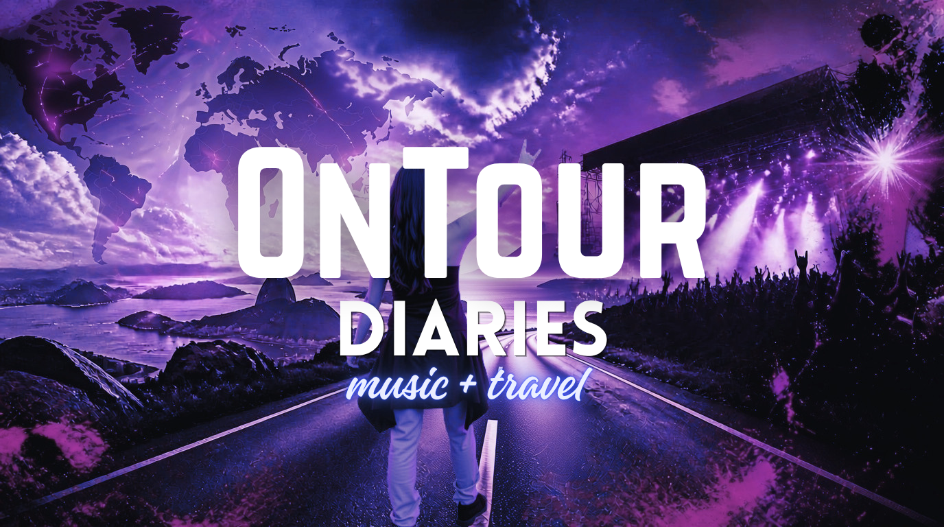 OnTour Diaries banner with white logo over a road leading a metalhead woman to a festival stage on the right, and on the left there is a landscape from the Sugar Loaf in Rio de Janeiro, and the world map mixed in the clouds.